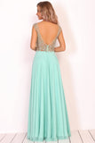 Open Back V Neck Beaded Bodice Prom Dresses A Line Chiffon Floor Length