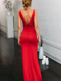 Sexy Mermaid Spaghetti Straps V Neck Red Side Slit Satin Long Prom Dresses