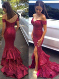 Red Mermaid Long Sequin Sexy Sweetheart Off-the-Shoulder Backless Custom Prom Dresses JS978