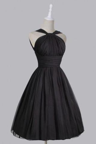 Vintage A-line Straps Knee-Length Chiffon Sash Backless Black Party Homecoming Dresses JS448