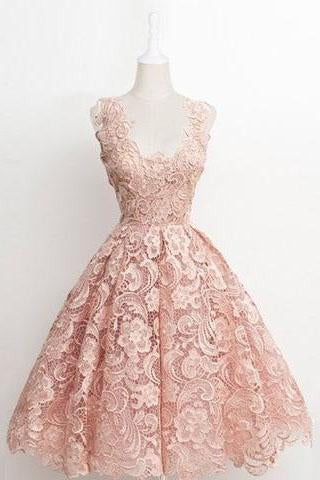 Vintage A-line Scalloped-Edge Knee-Length Lace Light Pink Prom Homecoming Dress JS874