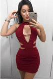 High Neck Burgundy Cut Out Sheath Short Evening Gown Cocktail Dresses with Keyhole