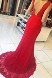 V Neck Mermaid Lace Prom Dresses With Sash Sweep Train