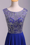 Hot Selling Prom Dresses Dark Royal Blue A-Line Scoop Floor-Length Chiffon