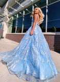 Flowy Ball Gown Light Blue Spaghetti Straps Prom Dresses, Lace Appliques Backless Prom Gowns SJS15230