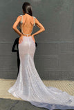 Sexy Deep V Neck Sequined Prom Dresses, Stunning Backless Mermaid Evening Dresses SJS15595