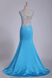 Trumpet Prom Dresses Bateau With Applique And Beads Satin Sweep Train