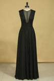 A Line V Neck Floor Length Prom Dresses Chiffon