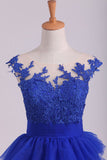 Dark Royal Blue Bateau A Line Evening Dresses With Applique Tulle