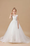 Ivory Sleeveless Applique Sweep trailing Multi-Layer Tulle Flower Girl Dresses