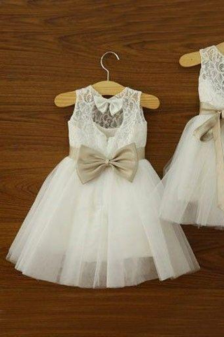 Ankle-length Sashes/Ribbons Scoop Neck White Lace Tulle Flower Girl Dresses JS545