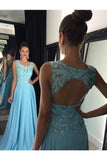 Chiffon Scoop Prom Dresses A Line With Applique And Beads Open Back