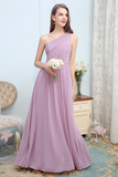 A-Line Sleeveless Floor Length Chiffon One Shoulder Bridesmaid Dresses