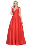 V-Neck Bubble Shoulder A-Line Satin Evening Dress Floor-Length