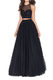 Black Two Piece Polka A-Line Prom Dresses Side Zipper Floor-Length