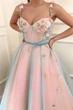 Stunning Applique A-Line Spaghetti Straps Tulle Sweetheart Prom Dresses with Belt SJS15434