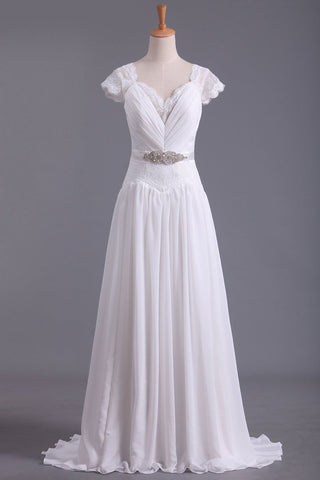 Wedding Dresses V Neck Chiffon & Lace Short Sleeves Sweep Train