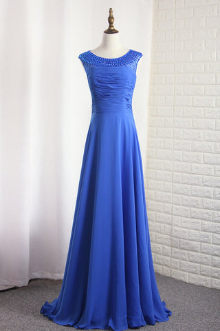 Chiffon Bateau A Line Prom Dress Ruffled And Beaded Sweep Train