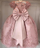 Princess Ball Gown Round Neck Pink Beads Flower Girl Dresses with Appliques SJS15587