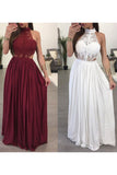 High Neck A Line Chiffon & Lace Floor Length Prom Dresses