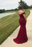 Mermaid Off the Shoulder Burgundy Prom Dresses with Slit, Lace Appliques Evening Dress SJS15264