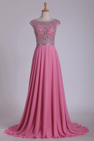 Scoop Prom Dresses Cap Sleeves A Line With Beading Sweep Train