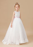 Floor-length Sleevelesss Lace Tulle Satin Flower Girl Dresses With Pink Bowknot Sash