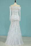 Mermaid Boat Neck Wedding Dresses With Applique Chapel Train Lace