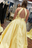 Elegant A Line Satin Jewel Pearls Blue Open Back Prom Evening Dresses With Pockets SJS15151