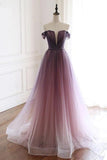 A Line Off the Shoulder Tulle Long Prom Dresses, Lace up Simple Party Dresses SJS15008