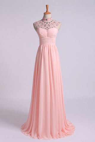 High Neck Prom Dresses A-Line Chiffon With Beads And Ruffles