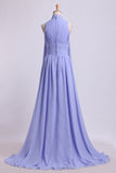 High Neck Pleated Bodice Prom Dresses A-Line Chiffon Sweep Train