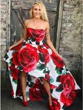 A Line Strapless High Low Red Rose Floral Satin Prom Dresses, Long Evening Dress SJS15556