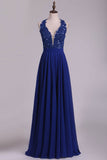 Chiffon V Neck A Line With Applique And Beads Prom Dresses Open Back