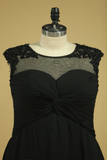 Plus Size Black Evening Dresses A Line Scoop Cap Sleeves Chiffon With Applique And Beads