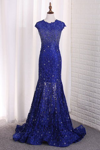 Sexy Open Back Mermaid Prom Dresses Scoop Lace With Beading