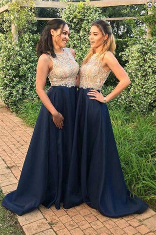 Modest Navy Long A-Line Beading A-Line Prom Dresses Bridesmaid Dresses