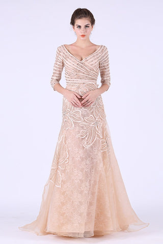 New Arrival Prom Dresses V Neck 3/4 Length Sleeves Organza With Beads