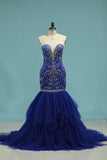 Sweetheart Beaded Bodice Prom Dresses Mermaid Tulle Sweep Train