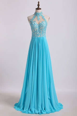 High Neck A Line Prom Dresses With Applique&Beads Chiffon