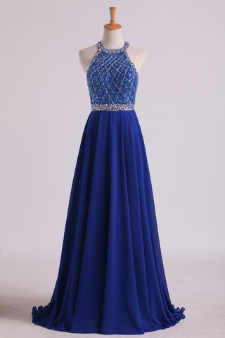 A Line Prom Dresses Halter Beaded Bodice Open Back Sweep Train Chiffon & Tulle Dark Royal Blue