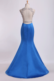 Two-Tone Bateau Mermaid Prom Dresses Beaded Bodice Satin And Tulle Sweep Train