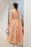 Cute Tea Length A Line Pink Short Prom Dress Sweet 16 Dresses with Hand Made Flower SJS15138