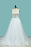 A Line Spaghetti Straps Wedding Dresses Beaded Bodice Tulle Court Train