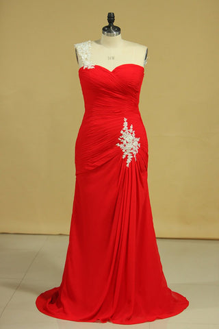 Red One Shoulder Pleated Bodice Sheath Evening Dress Chiffon With Applique