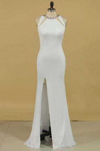 New Arrival Scoop Open Back Prom Dresses With Beads And Slit Spandex Sheath