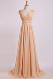 Bridesmaid Dress V Neck A Line Floor Length Chiffon With Beads