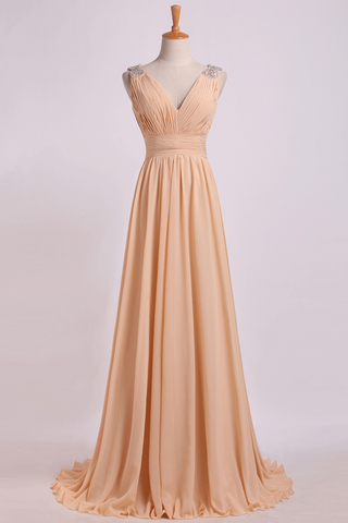 Bridesmaid Dress V Neck A Line Floor Length Chiffon With Beads