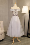 Prom Dresses A Line Boat Neck Tulle With Applique And Handmade Flowers