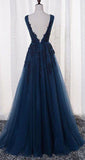 Elegant Tulle Appliques Beaded A-Line Sleeveless Backless Blue V-Neck Prom Dresses JS775